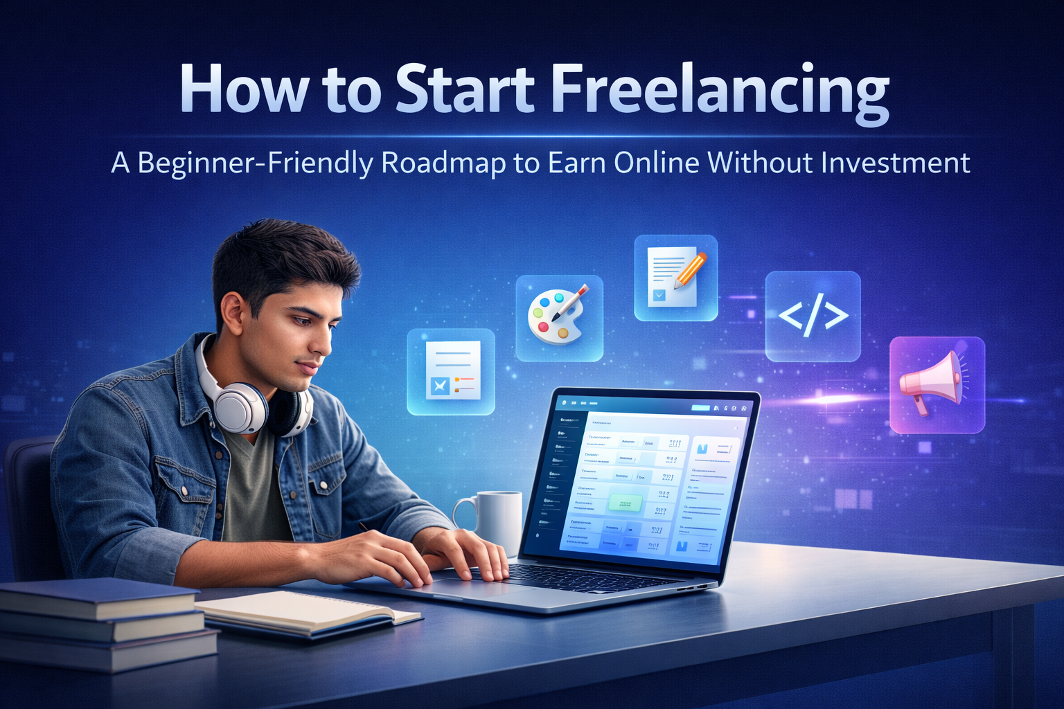 Beginner starting freelancing work on laptop to earn online without any investment