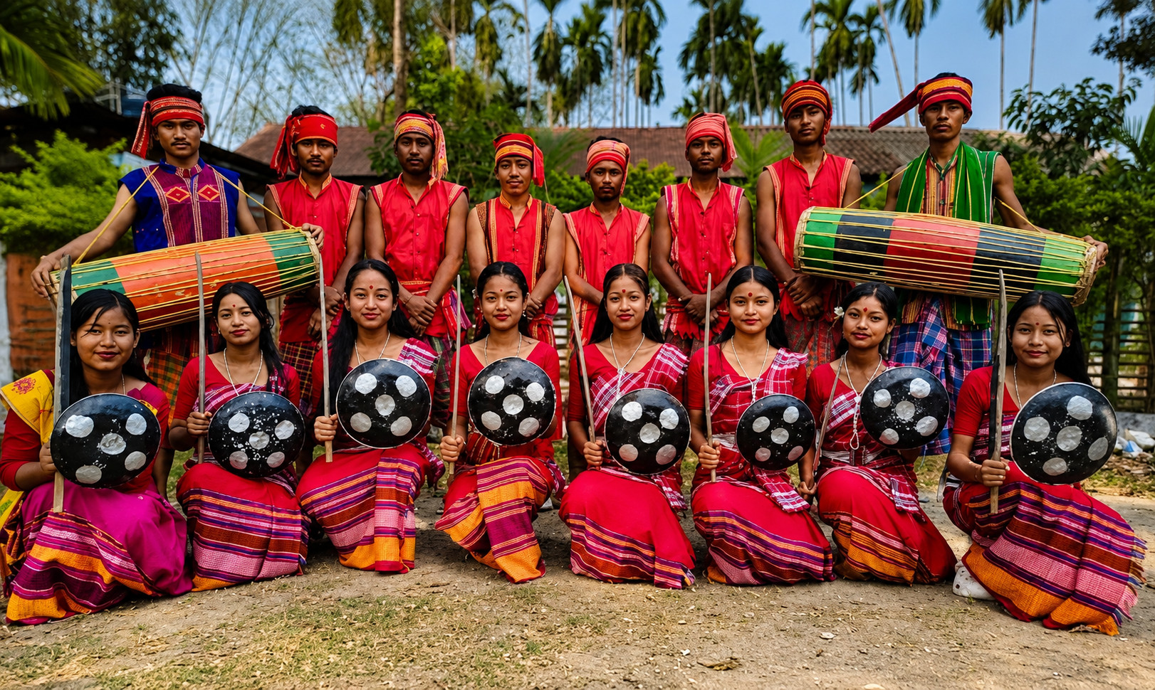 Rabha community members wearing traditional dress and showcasing cultural heritage in Assam